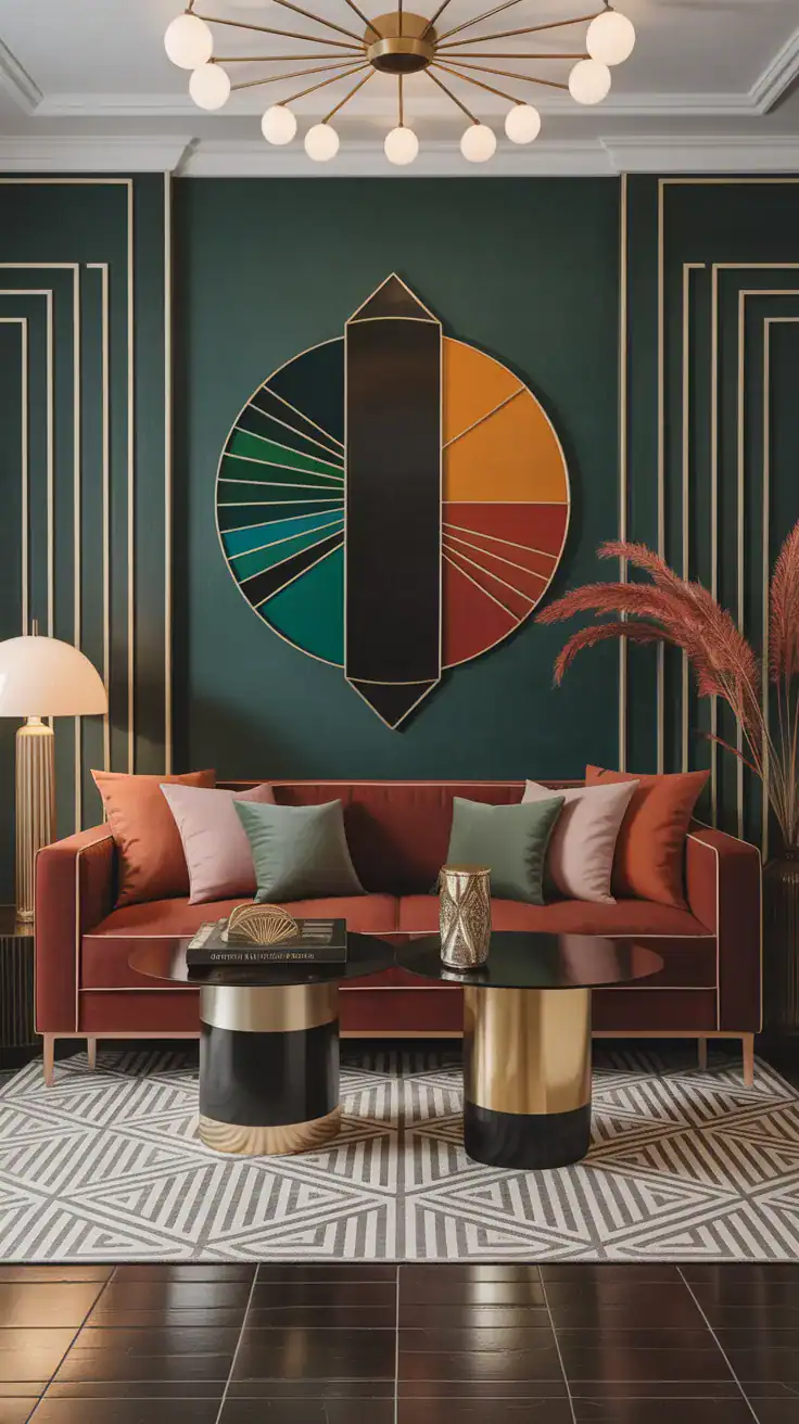 Art Deco living room essentials featuring geometric shapes, metallic finishes, and rich colors
