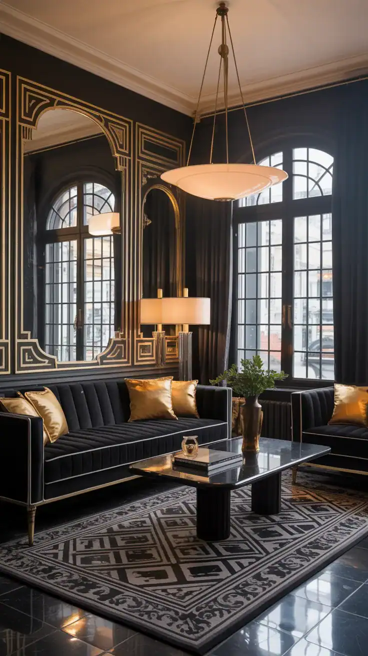 1920s Art Deco living room with black furniture and gold accents creating dramatic contrast