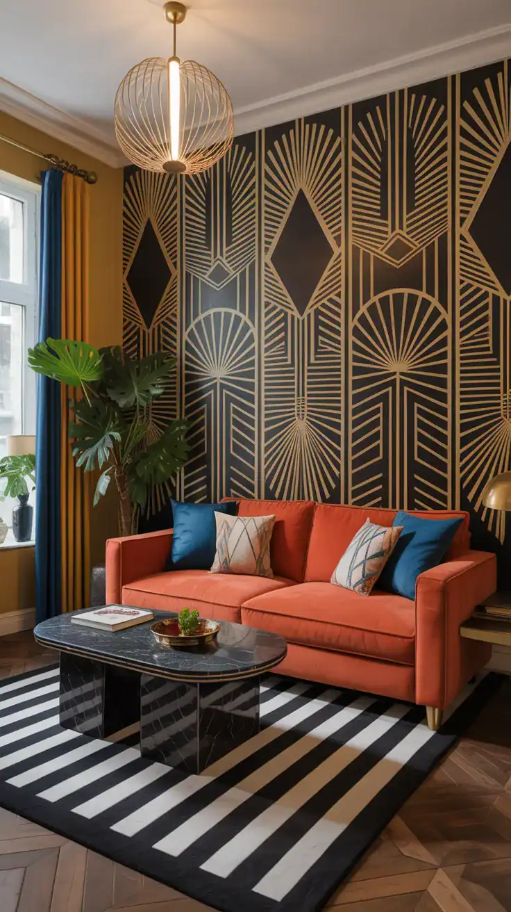 Art Deco living room with bold geometric patterns in wallpaper and textiles