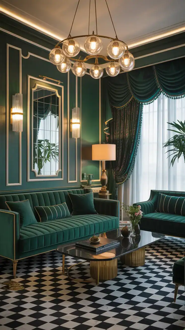 Luxurious Art Deco living room with emerald velvet furniture adding rich texture