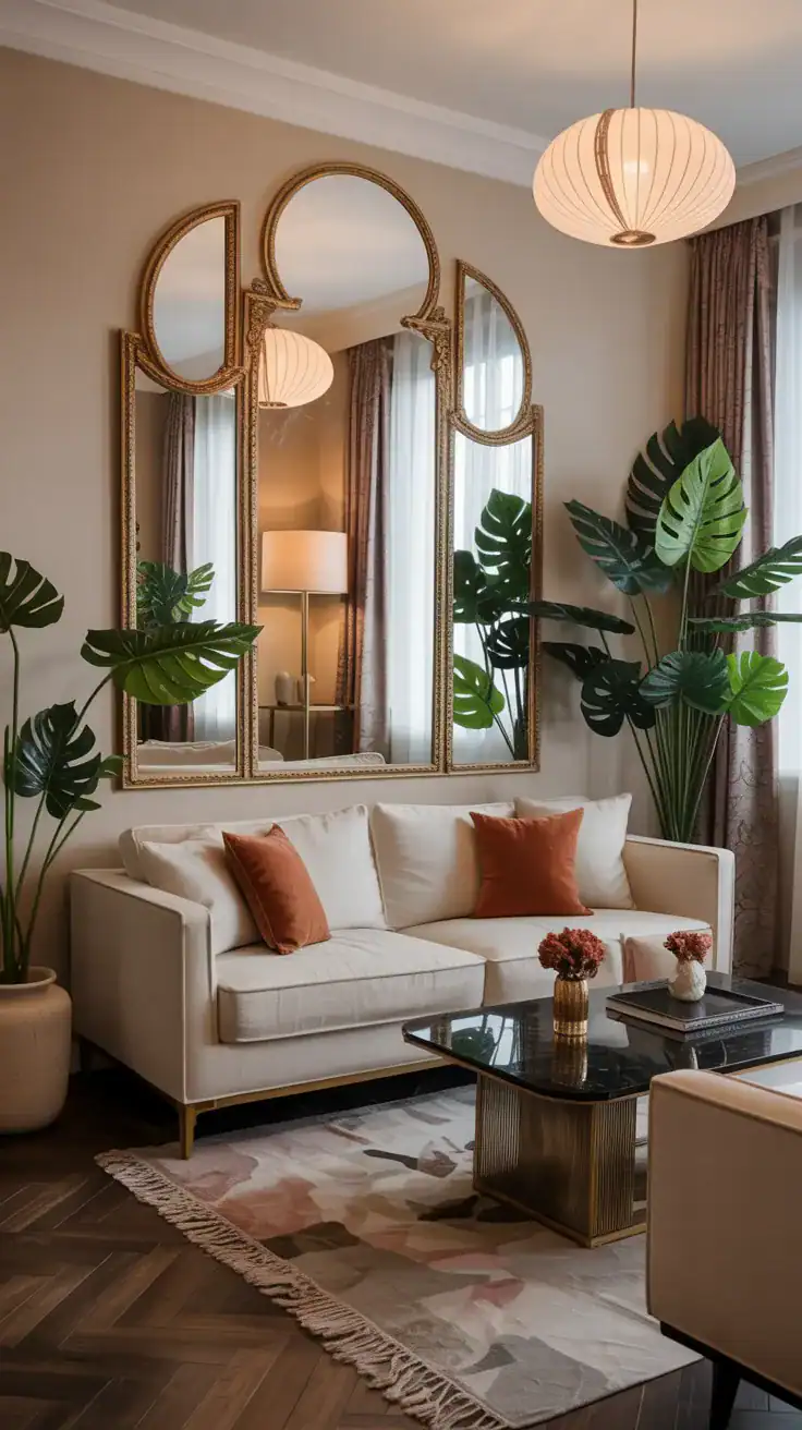 Art Deco living room with decorative mirrors enhancing light and space