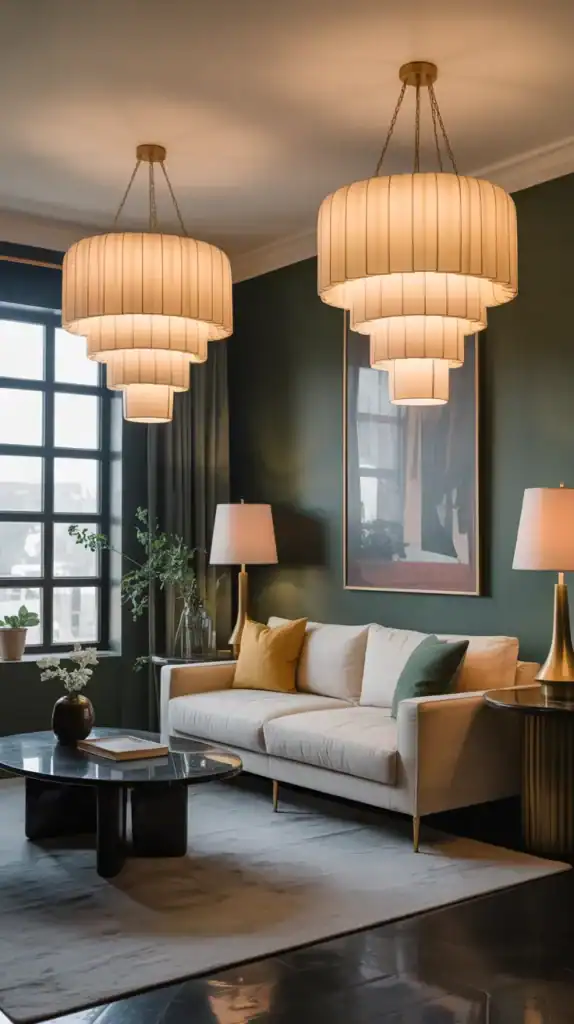 Statement Art Deco lighting fixtures including tiered chandeliers and brass lamps