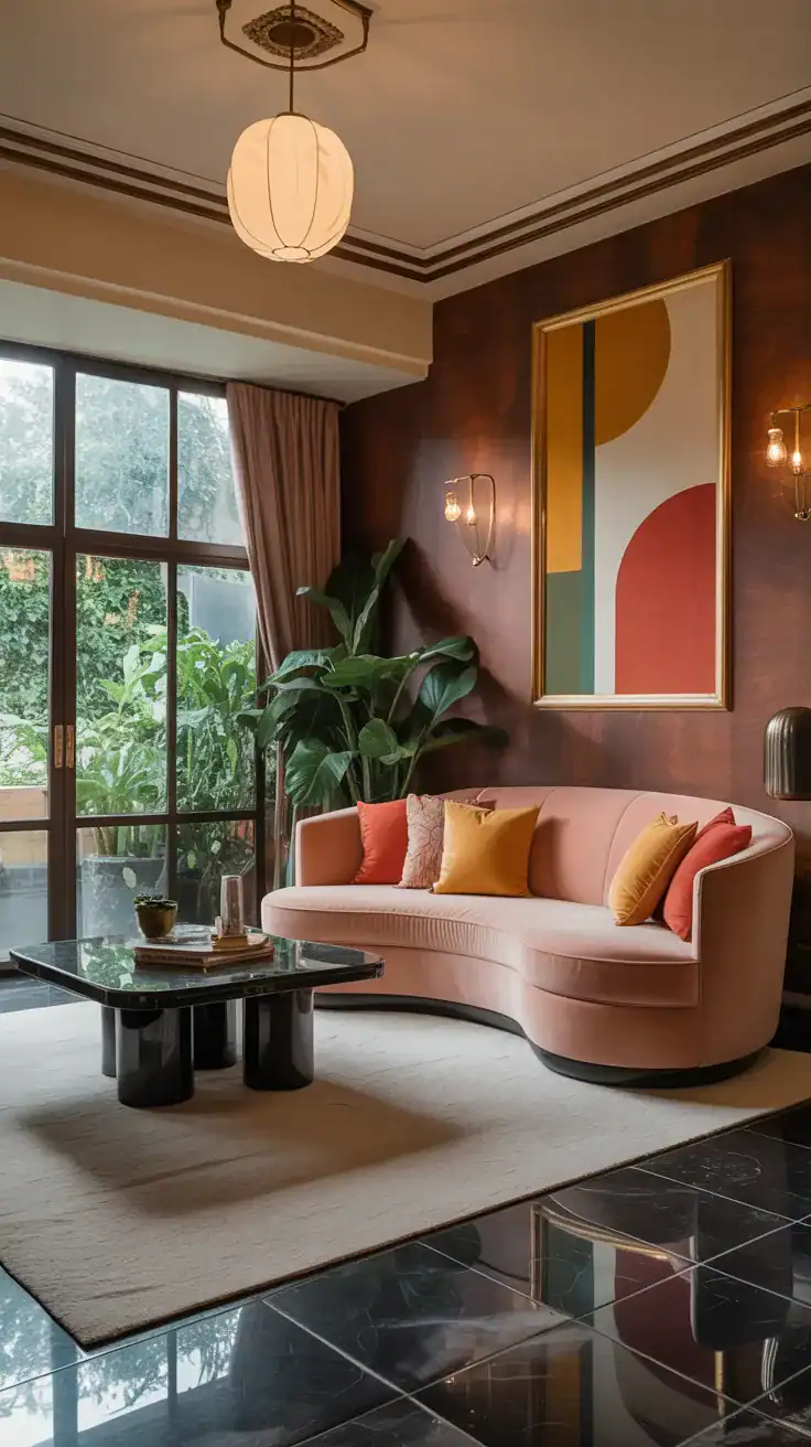 Art Deco living room balancing curved furniture with angular elements