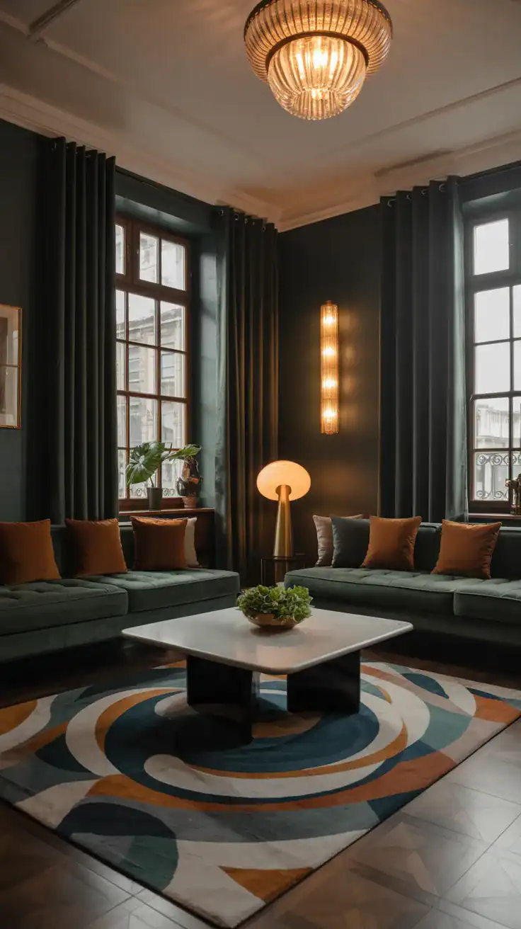 Art Deco living room with deep, rich color palette creating dramatic atmosphere