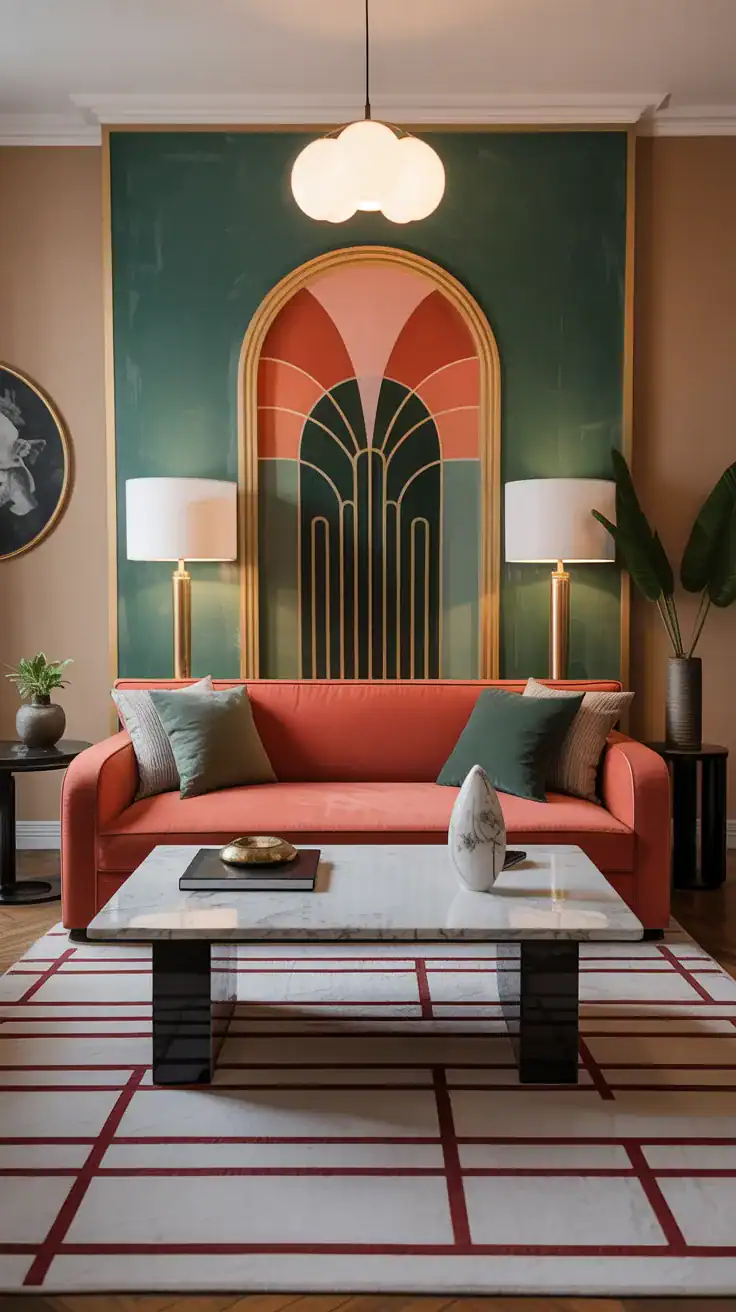 Perfectly balanced Art Deco living room with intentional styling and minimal clutter