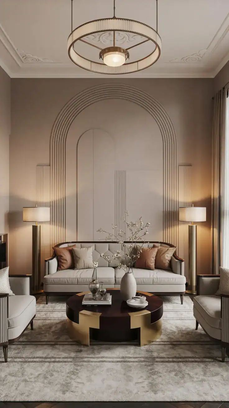 Symmetrical Art Deco living room arrangement with matching furniture and decor