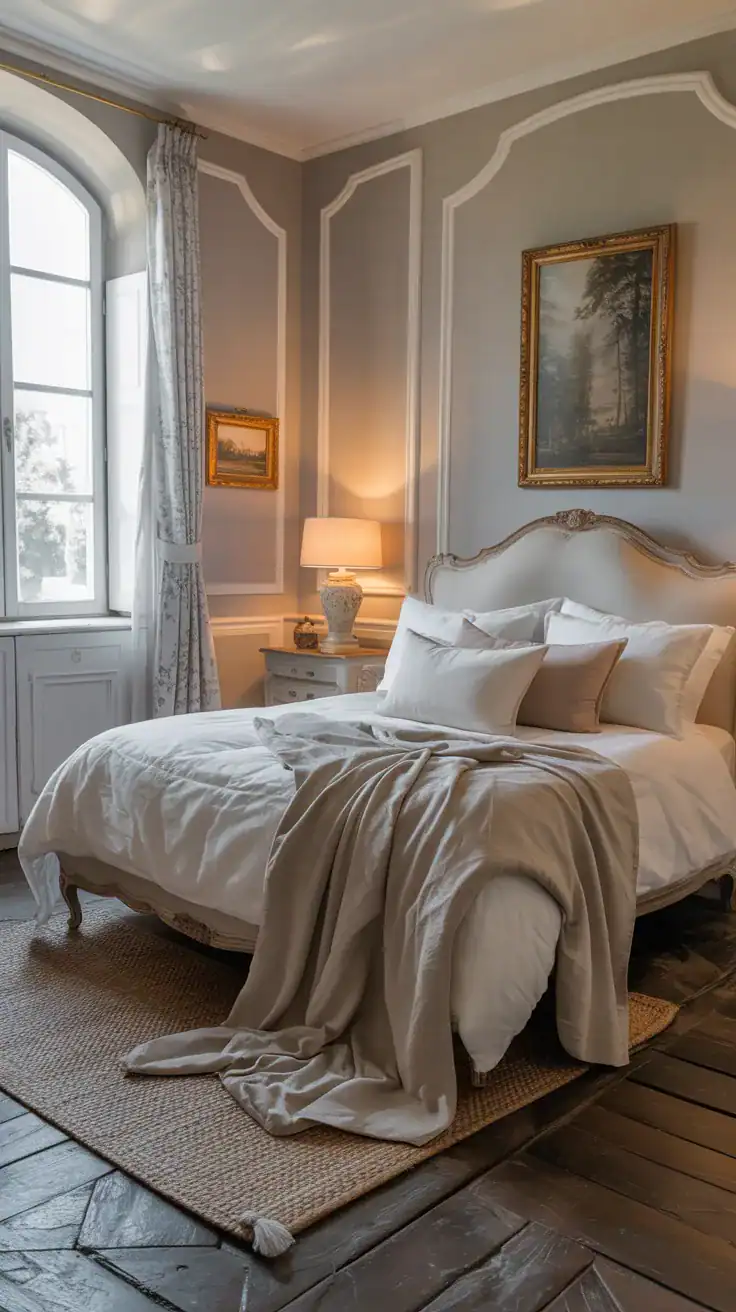 Soft neutral color palette in a French style bedroom with warm whites and gentle taupe tones