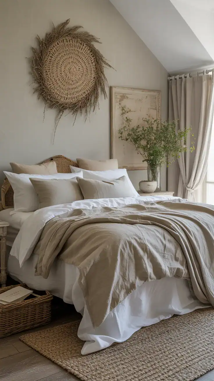 Loosely layered linen bedding on a French style bed with a relaxed, inviting look Loosely layered linen bedding on a French style bed with a relaxed, inviting look