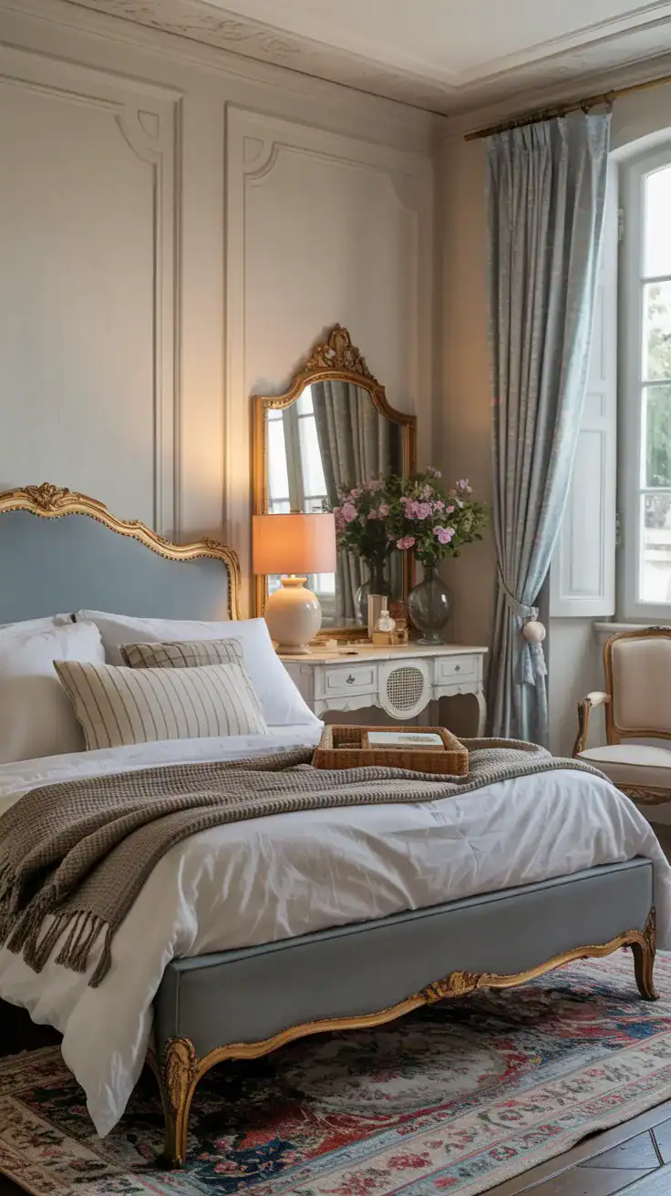 French bedroom with a mix of modern bed frame and vintage-style nightstand and mirror French bedroom with a mix of modern bed frame and vintage-style nightstand and mirror