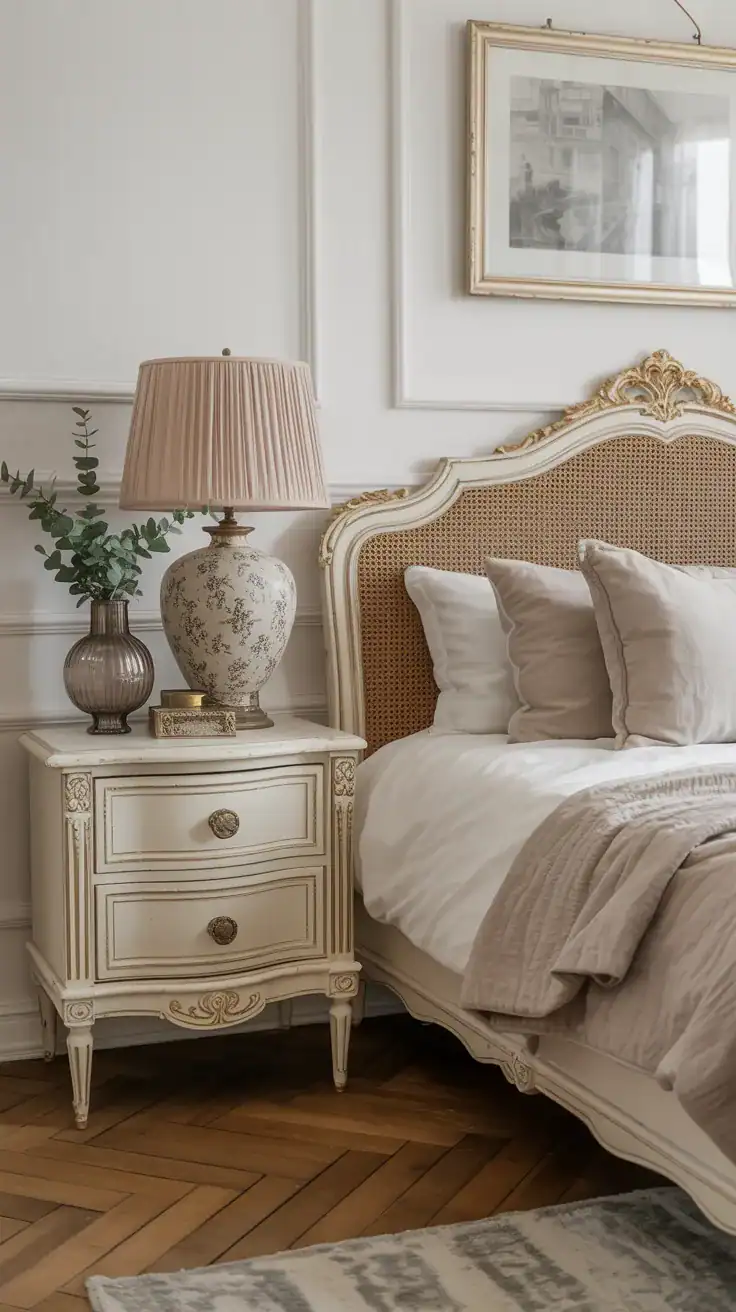 Mismatched but complementary nightstands in a French style bedroom Mismatched but complementary nightstands in a French style bedroom