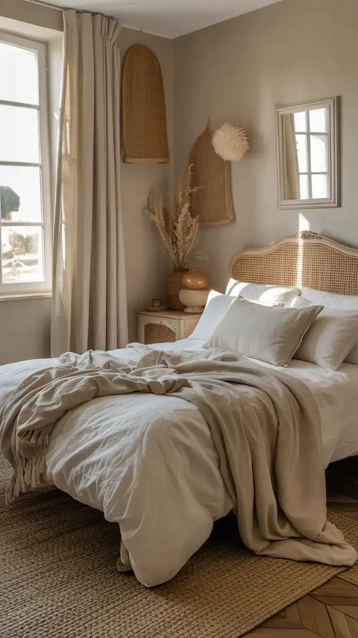 Soft natural textiles in a French bedroom including linen, cotton and light wool Soft natural textiles in a French bedroom including linen, cotton and light wool