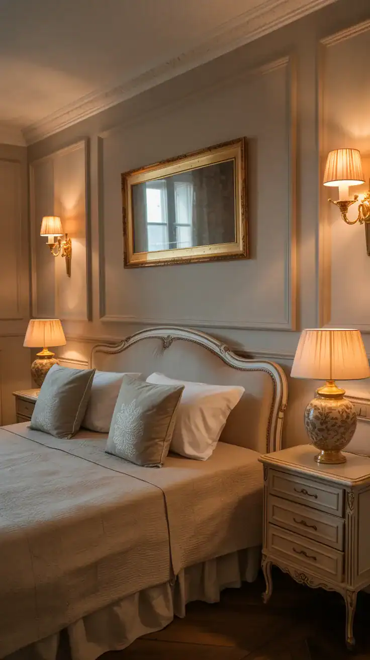Warm, gentle lighting in a French bedroom with soft bedside lamps and wall sconces Warm, gentle lighting in a French bedroom with soft bedside lamps and wall sconces