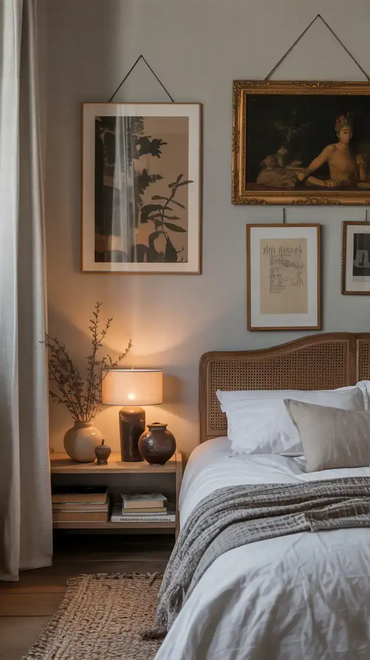 Minimal but meaningful decor in a French bedroom with books, artwork and ceramics Minimal but meaningful decor in a French bedroom with books, artwork and ceramics