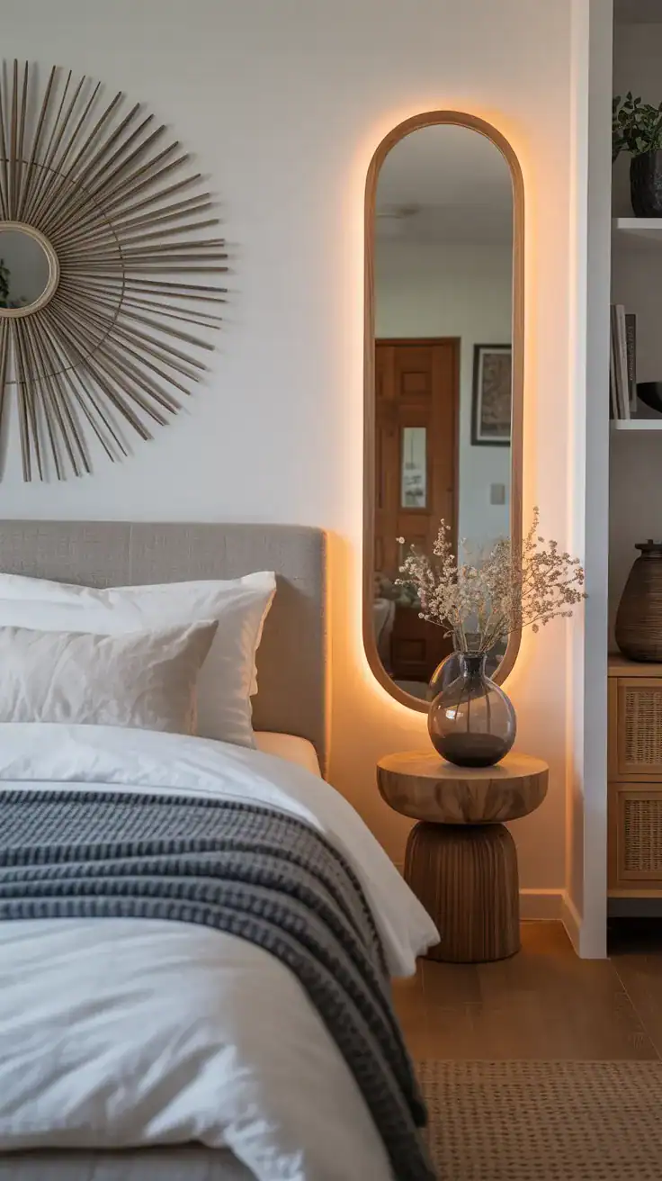 Wall mounted Long mirror placed on wall next to bed instead of above headboard