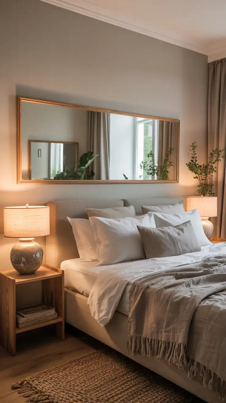 Wall mounted Long mirror aligned with window in bedroom to reflect natural light