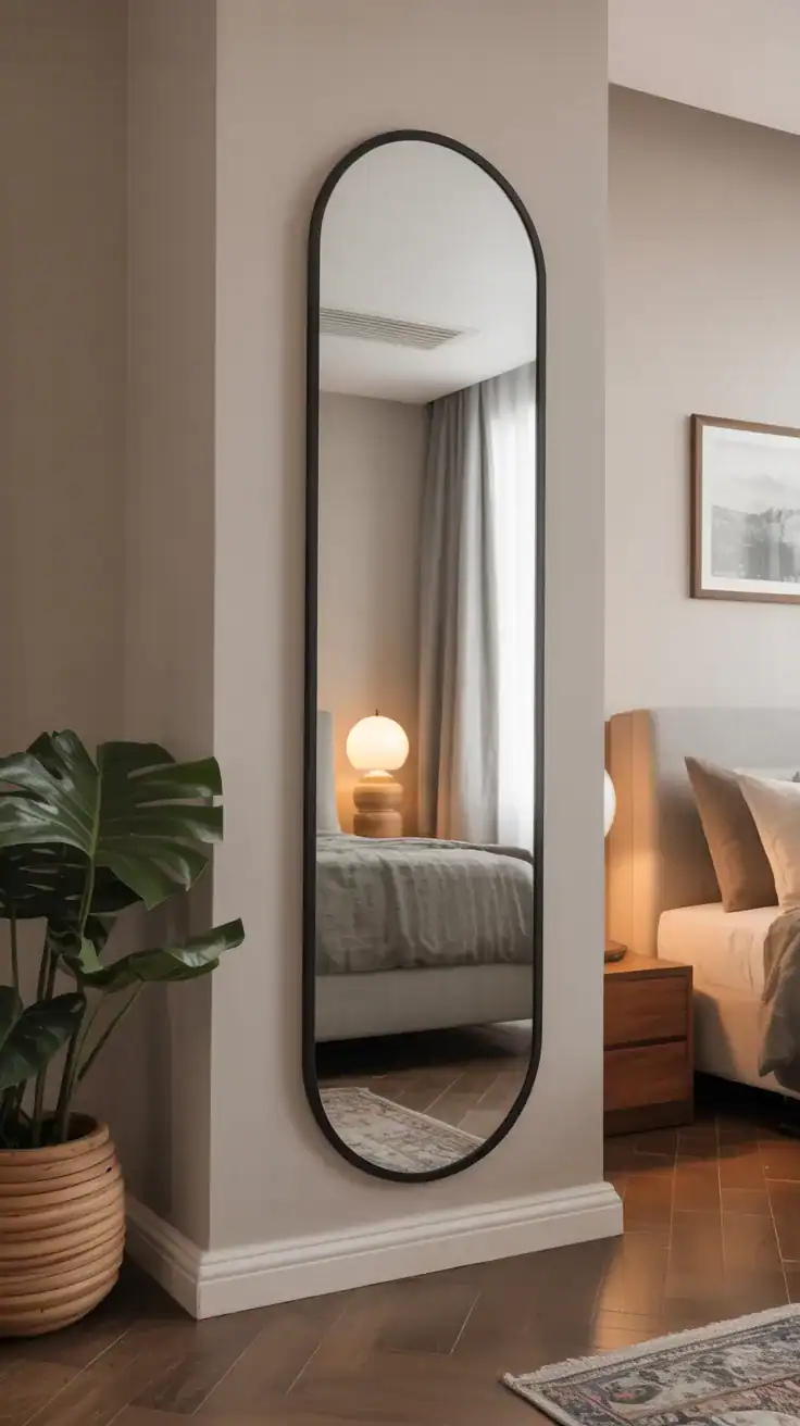 Wall mounted Long mirror mounted slightly off-center on bedroom wall