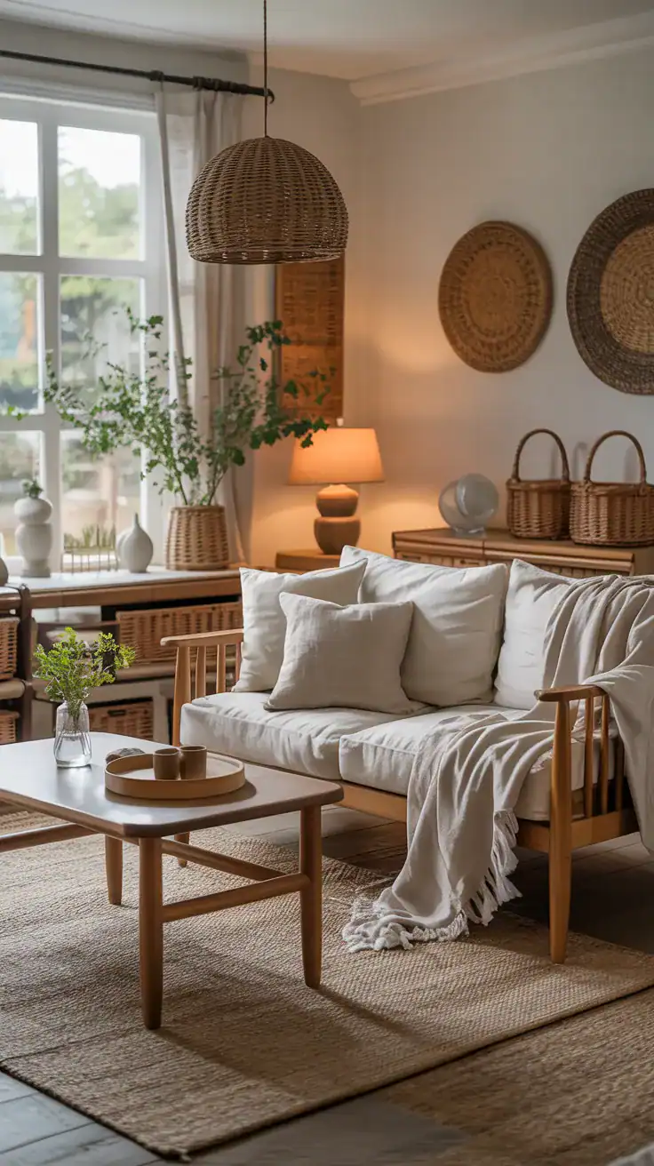 Natural materials in cottagecore home decor featuring wooden furniture, linen textiles, and wicker baskets in a cozy living space