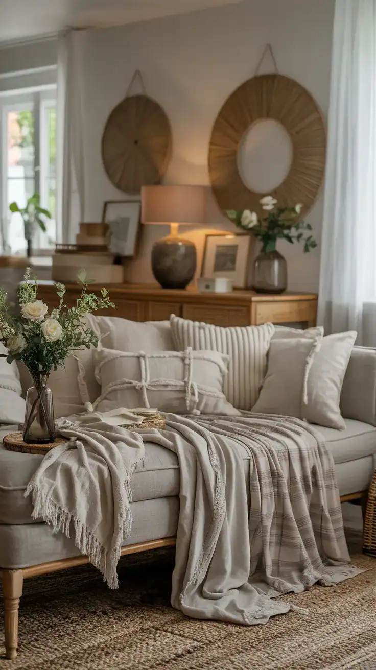 Layered textiles in cottagecore home decor with throws, cushions, and tablecloths creating a cozy atmosphere