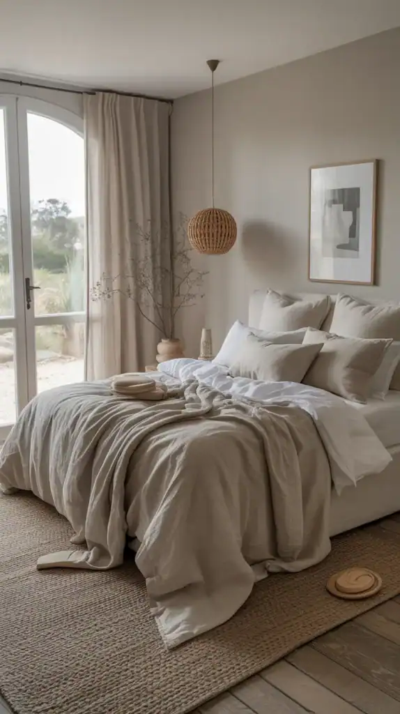 Modern French chic bedroom with relaxed, rumpled linen bedding in neutral tones