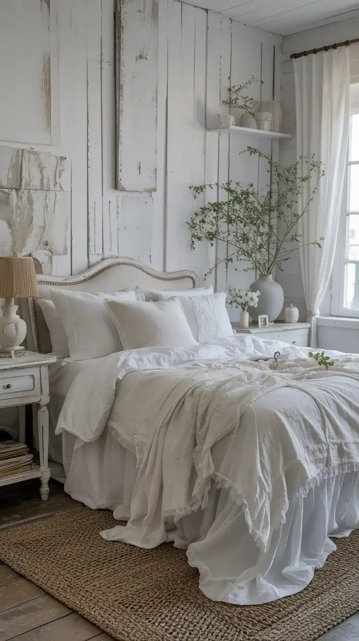 Shabby chic bedroom with soft white layered bedding and gentle textures