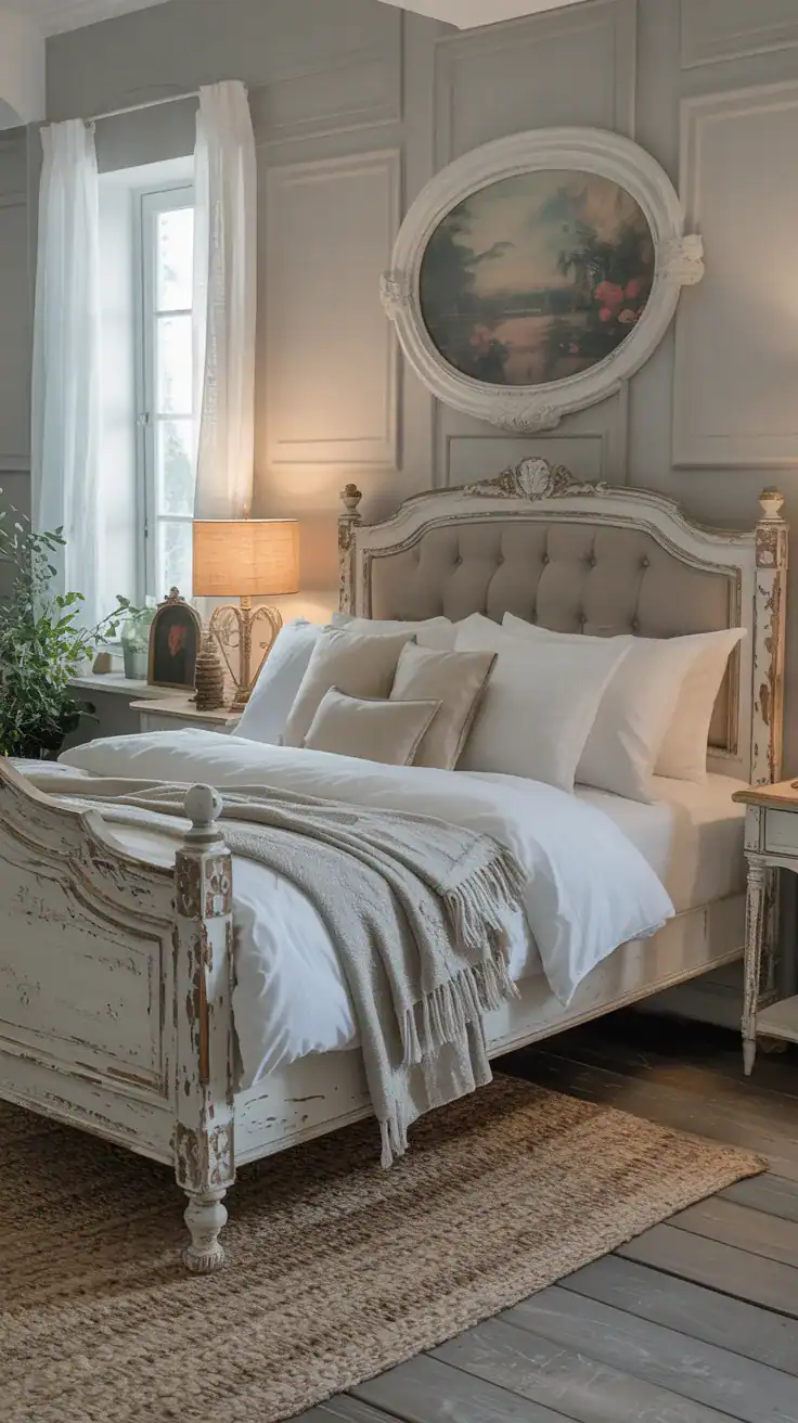 Shabby chic bedroom with weathered wood bed frame