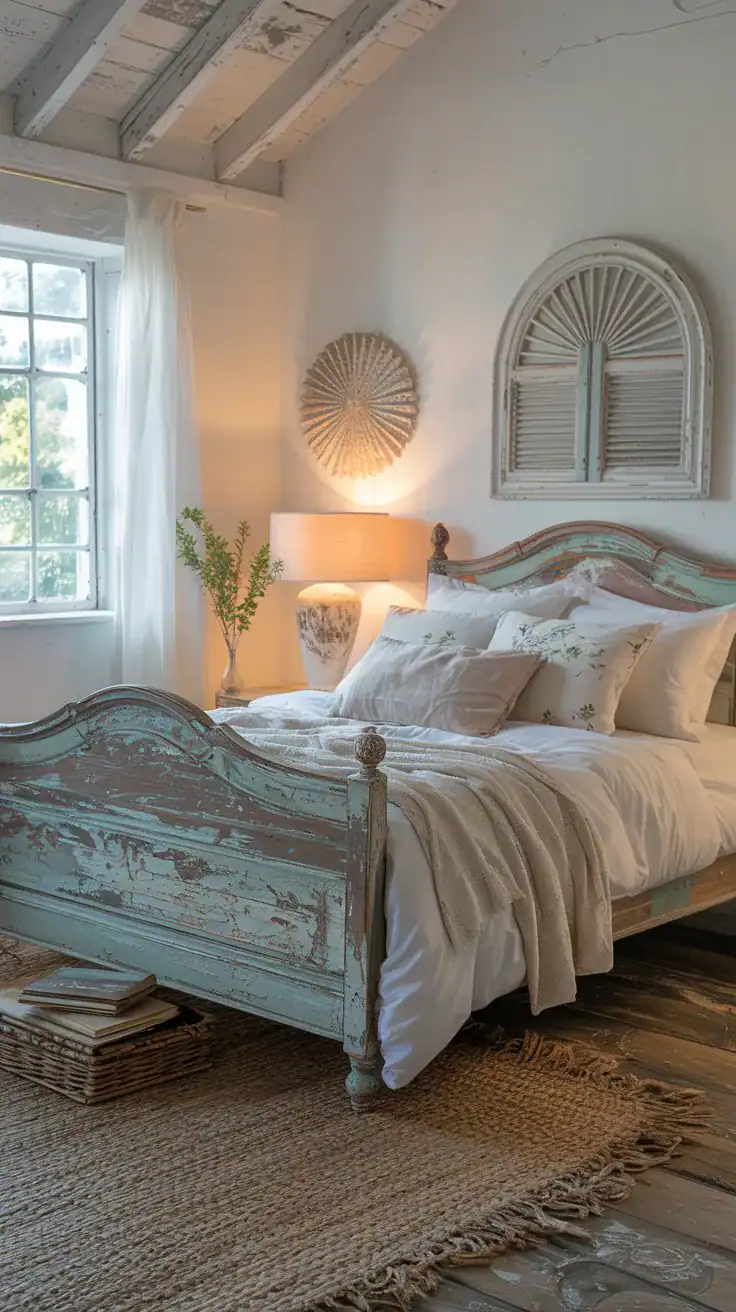 Shabby chic bedroom with weathered wood bed frame