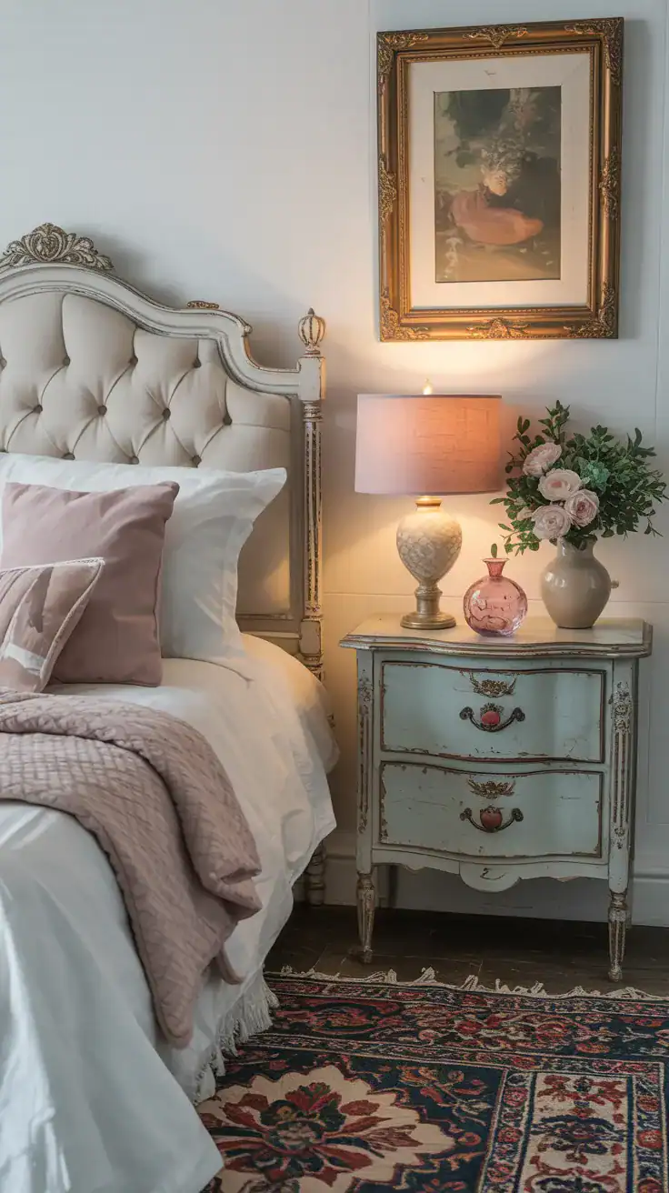 Shabby chic bedroom with mismatched vintage nightstands
