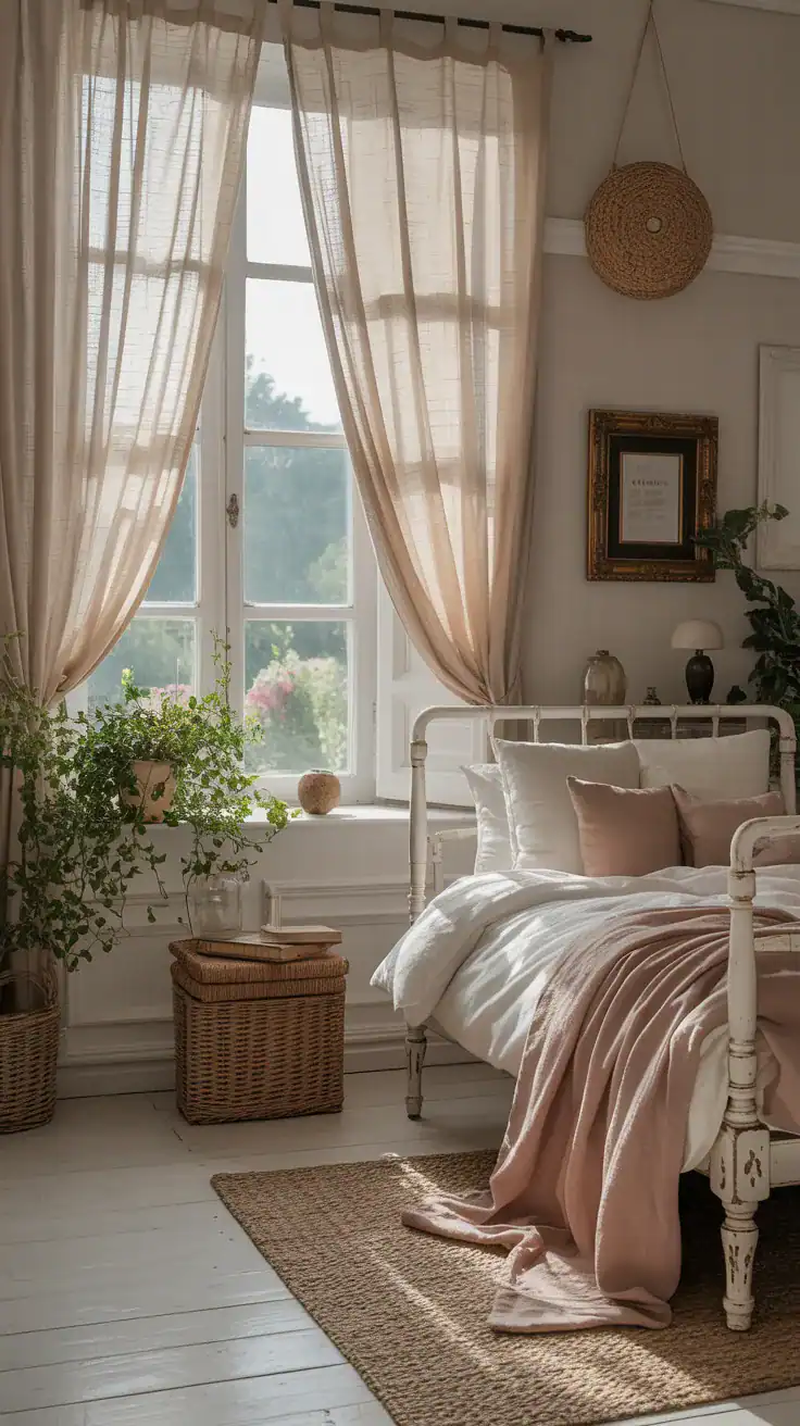 Shabby chic bedroom with soft linen curtains filtering light