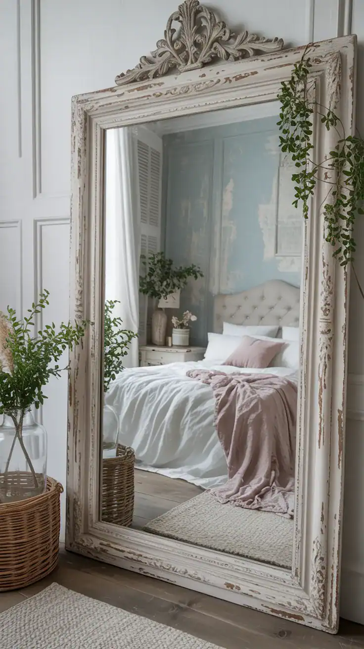 Shabby chic bedroom with vintage mirror with distressed frame