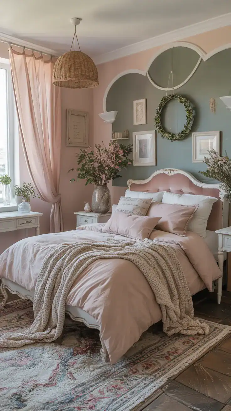 Shabby chic bedroom with soft pastel accents in blush and sage