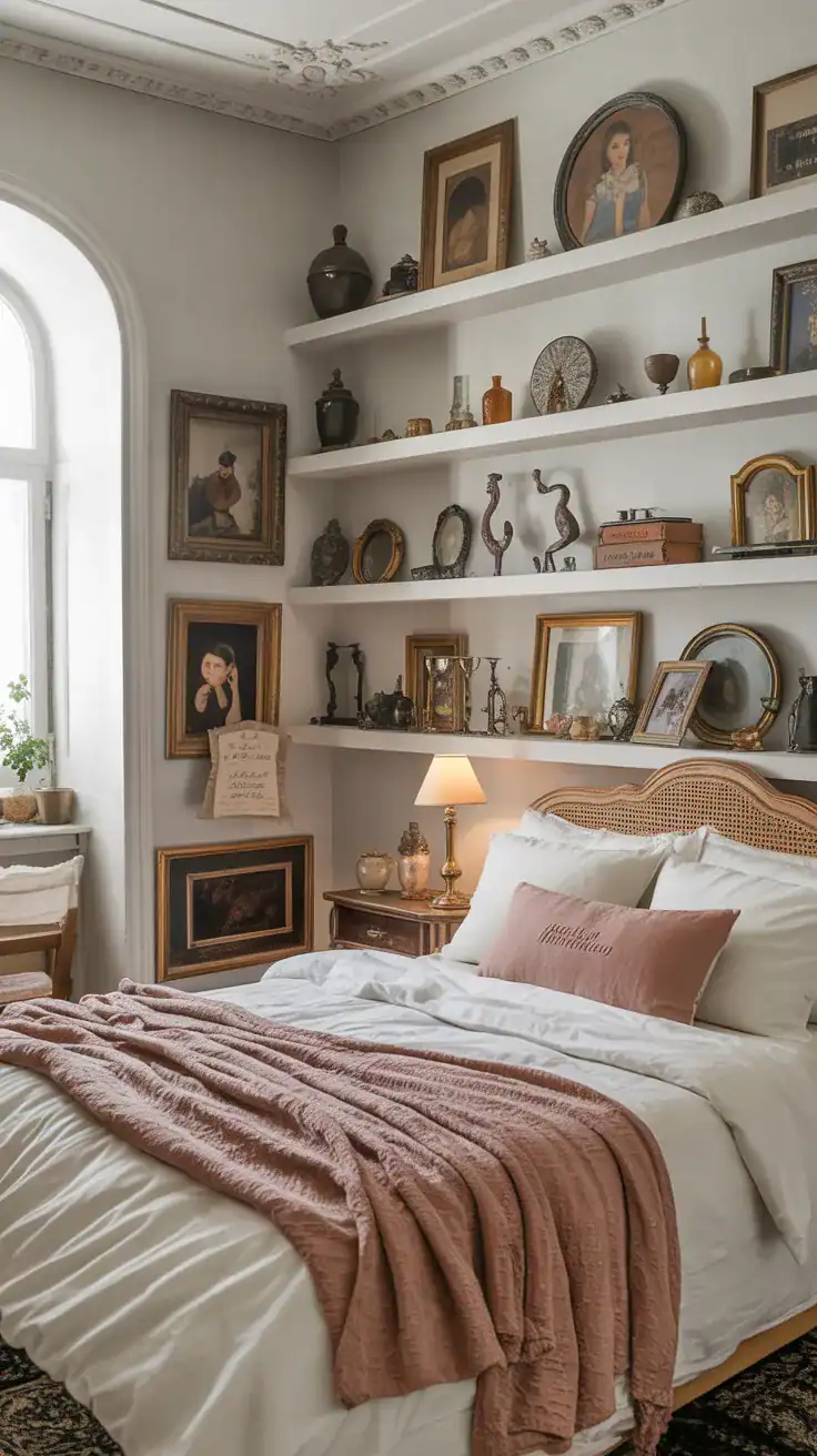 Shabby chic bedroom with open shelving displaying curated vintage items