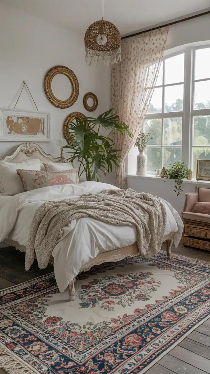 Shabby chic bedroom with faded vintage-style area rug