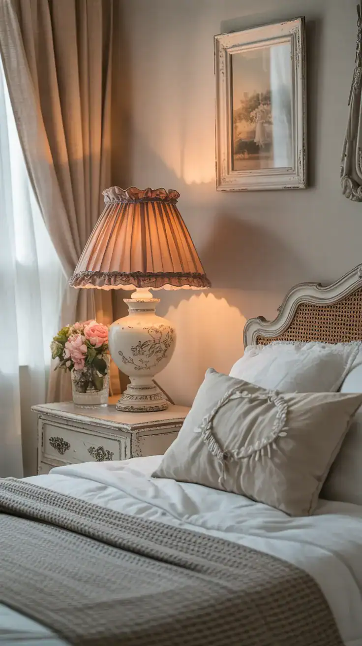 Shabby chic bedroom with vintage-inspired lamp with fabric shade