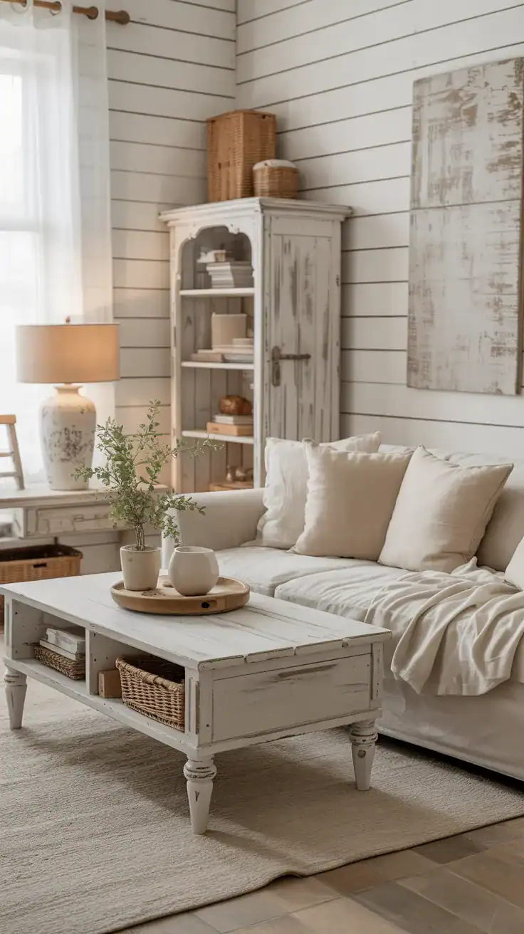 Distressed wood furniture with soft white finishes in a rustic meets shabby chic living room