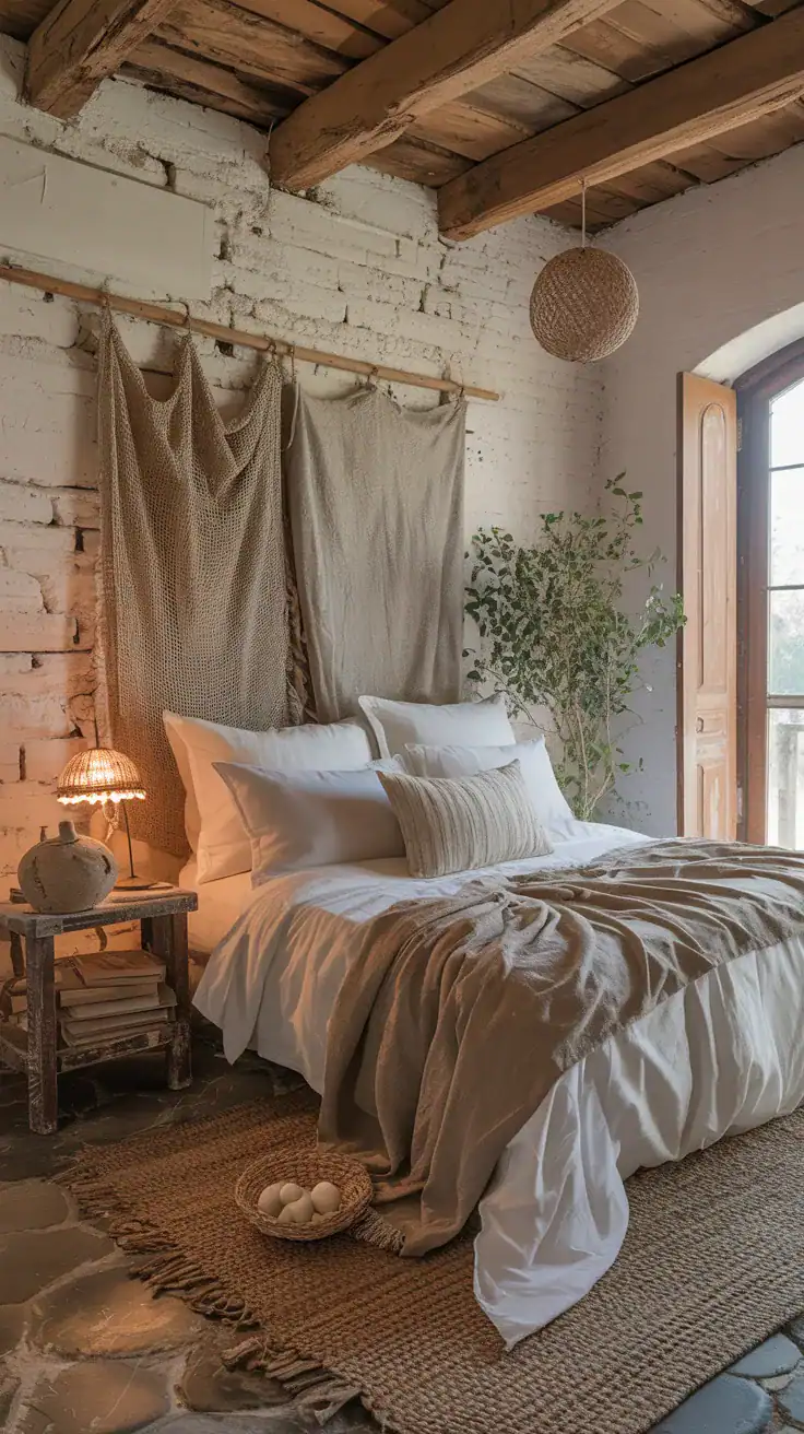 Soft textiles layered against raw materials in a rustic shabby chic bedroom Soft textiles layered against raw materials in a rustic shabby chic bedroom