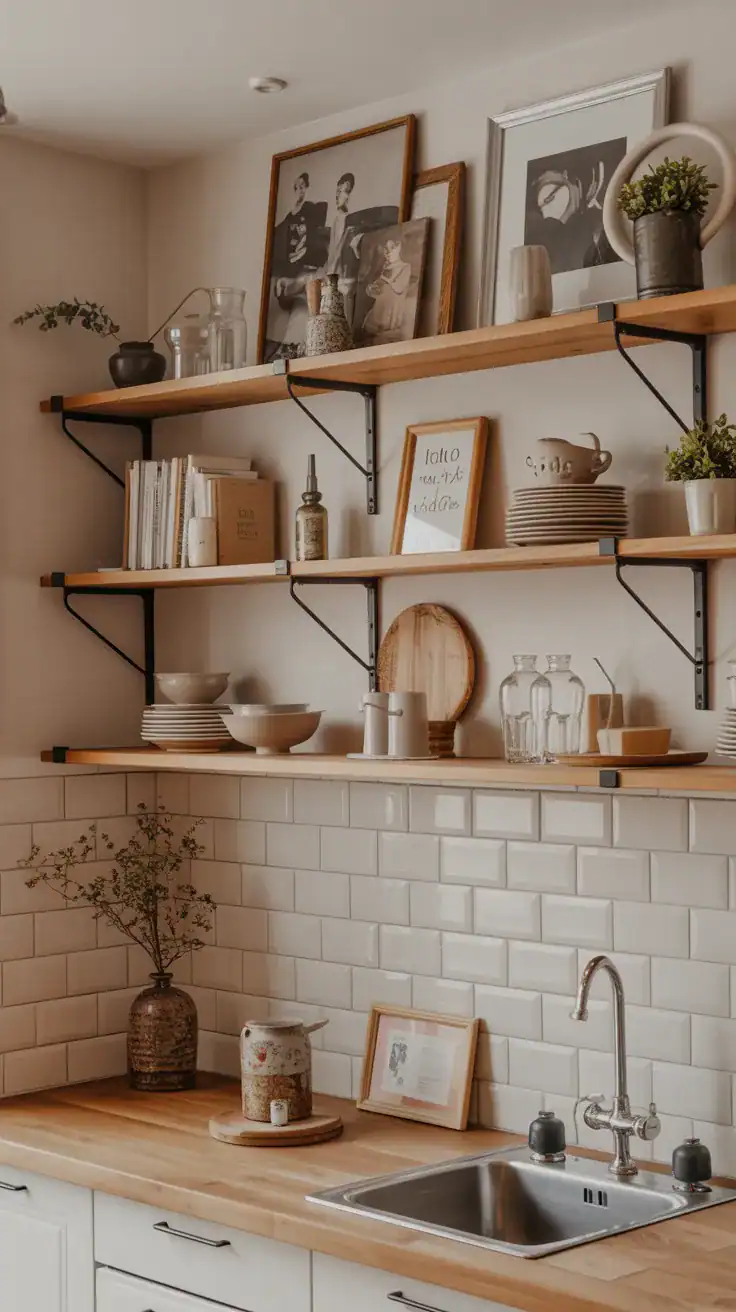 Open shelving with curated rustic and shabby chic elements in a kitchen Open shelving with curated rustic and shabby chic elements in a kitchen