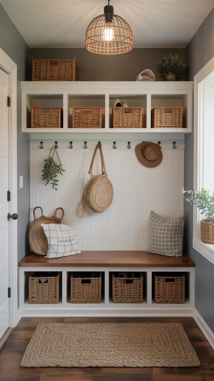 Mudroom bench with open cubby storage and woven baskets for shoes in a practical family entryway