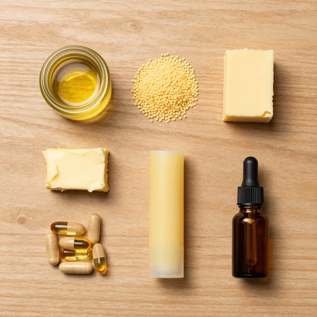 Ingredients for castor oil lip balm recipe laid out on a wooden surface