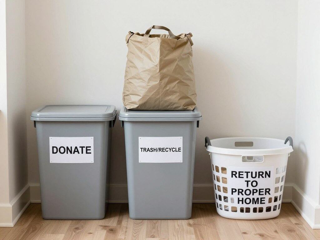 Organized decluttering station with labeled boxes for donate, trash, and keep Organized decluttering station with labeled boxes for donate, trash, and keep