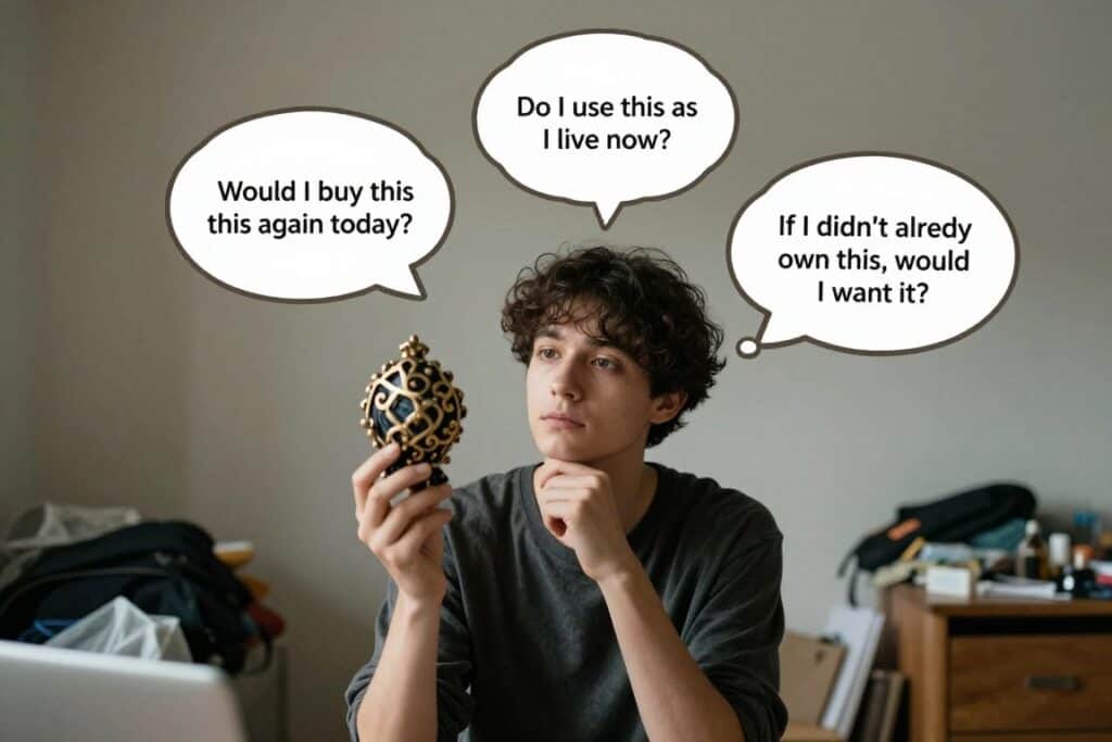 Person contemplating whether to keep an item with thought bubbles showing better questions Person contemplating whether to keep an item with thought bubbles showing better questions