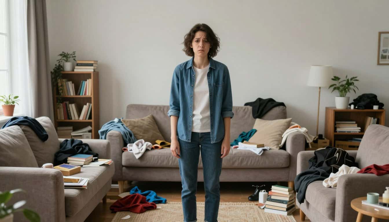 Person looking overwhelmed at cluttered living room, not knowing where to start decluttering