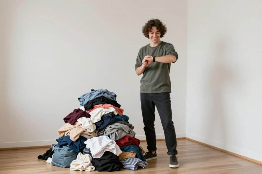 Person looking satisfied after a short decluttering session, with small pile of sorted items Person looking satisfied after a short decluttering session, with small pile of sorted items