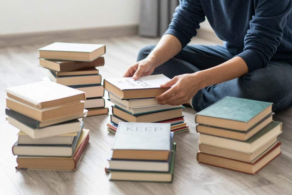 Person sorting through a single category of items (books) in one location Person sorting through a single category of items (books) in one location