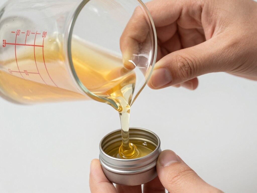 Pouring melted castor oil lip balm mixture into small containers