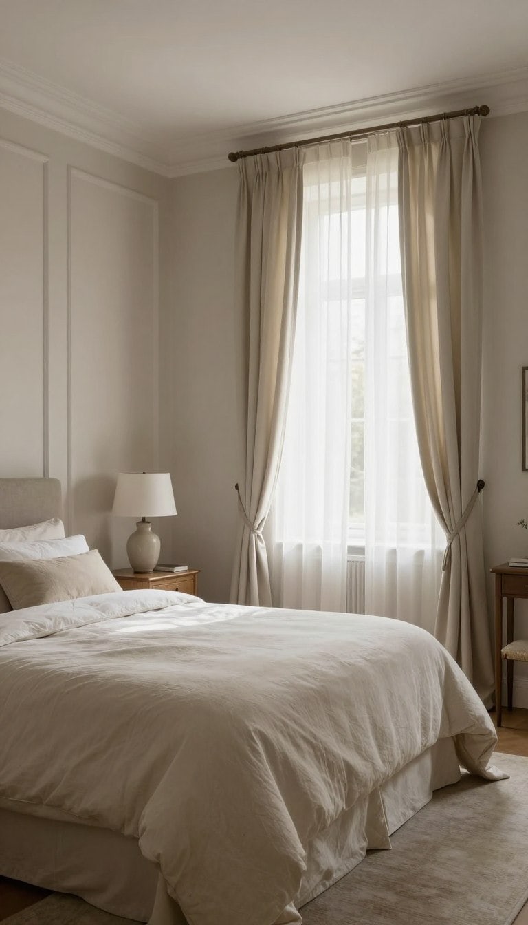 Soft neutral color palette in a French style bedroom with warm whites and gentle taupe tones