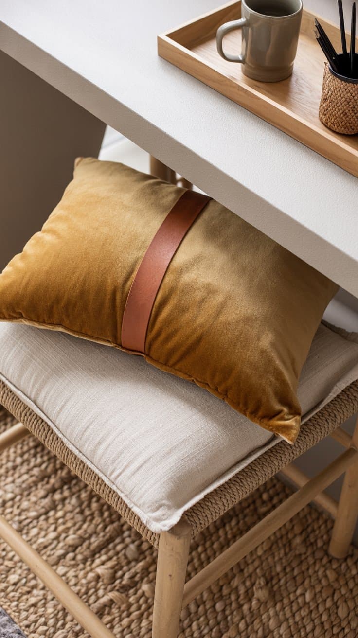 A closeup detail shot of layered textures: natural woven jute rug as the base, a linen seat cushion on a chair topped with a velvet throw pillow and a small leather accent pillow; on the tabletop, a wood tray holding a ceramic mug and a woven pen holder; mix of matte and soft finishes captured in gentle, warm light, photorealistic.