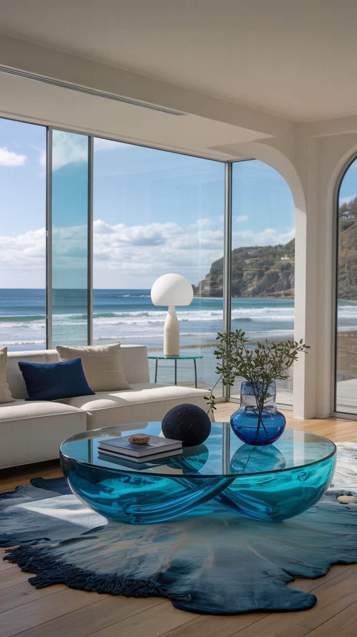 Modern luxury beachfront living room with floor-to-ceiling ocean-view windows, curved white archway, white sectional sofa with navy and beige pillows, round glass coffee table with blue swirl design, abstract blue-gray rug, and sleek contemporary coastal decor.