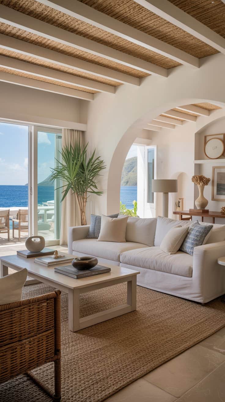 Luxurious Mediterranean-style living room with exposed tan wood beams, light gray L-shaped sectional on a jute rug, white modern coffee table, palm plant, arched doorways, and sliding glass doors opening to a bright ocean-view deck.