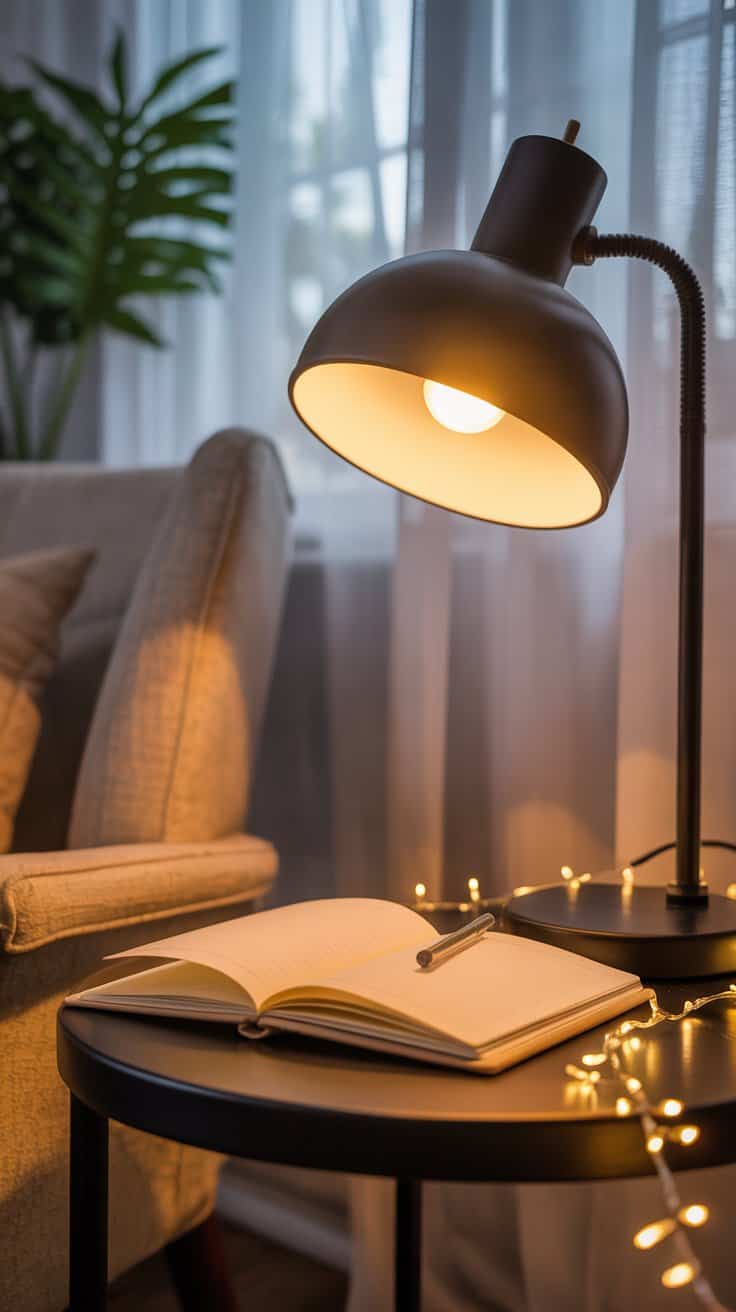 A detail-to-medium shot of layered lighting for journaling: a chair angled near a window with soft daylight, a matte black task lamp with a warm LED bulb (2700–3000K) illuminating an open journal on a side table, and delicate fairy lights draped nearby for cozy ambiance; diffused lampshade and matte bulb reduce glare, golden-hour glow without harsh overheads, photorealistic.