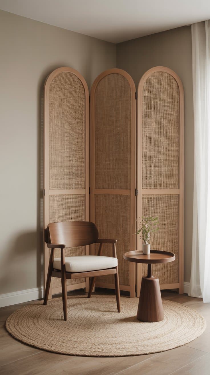 A medium corner shot of a defined journaling micro-zone: a small cream jute rug anchoring a walnut chair and slim round side table, a light oak folding screen subtly separating the nook from the rest of a neutral living room, and the chair floated slightly away from the wall; soft afternoon natural light creates “stage” focus on the zone, with clean lines and intentional placement emphasizing boundaries, no people, photorealistic.